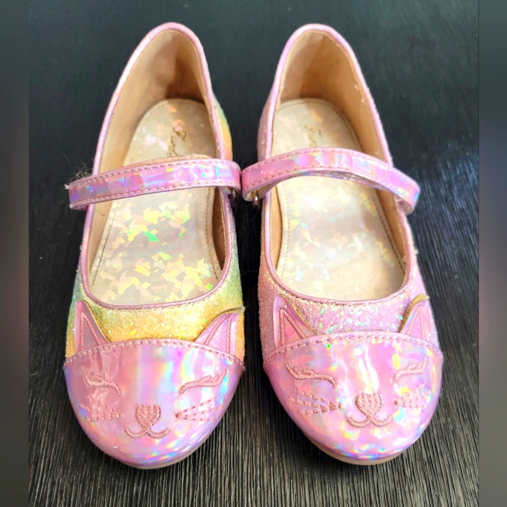 Rainbow sparkle girls kitty cat dress shoes, size 12